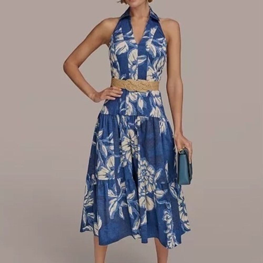 Donna Karan New York Halter Belted Floral Print Midi Dress Womens Size 14W NWT
